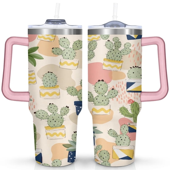 Southwestern Cactus 40oz Tumbler - Insulated Stainless Steel Cup for Hot/Cold Beverages - Soft Handle & Durable Construction - Retro Succulent Aesthetic