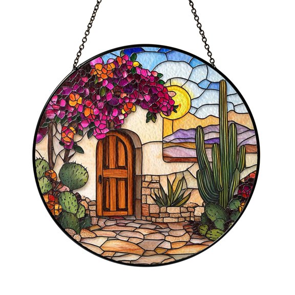 Southwestern Cactus Faux Stained Glass Window Hanging