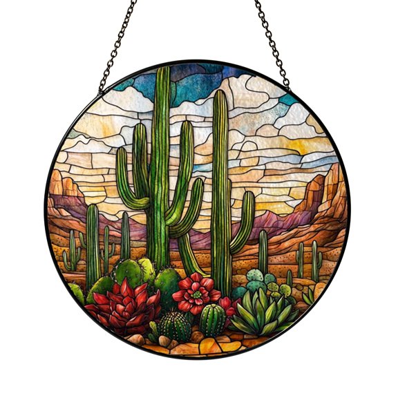 Southwestern Cactus Landscape Faux Stained Glass Window Hanging