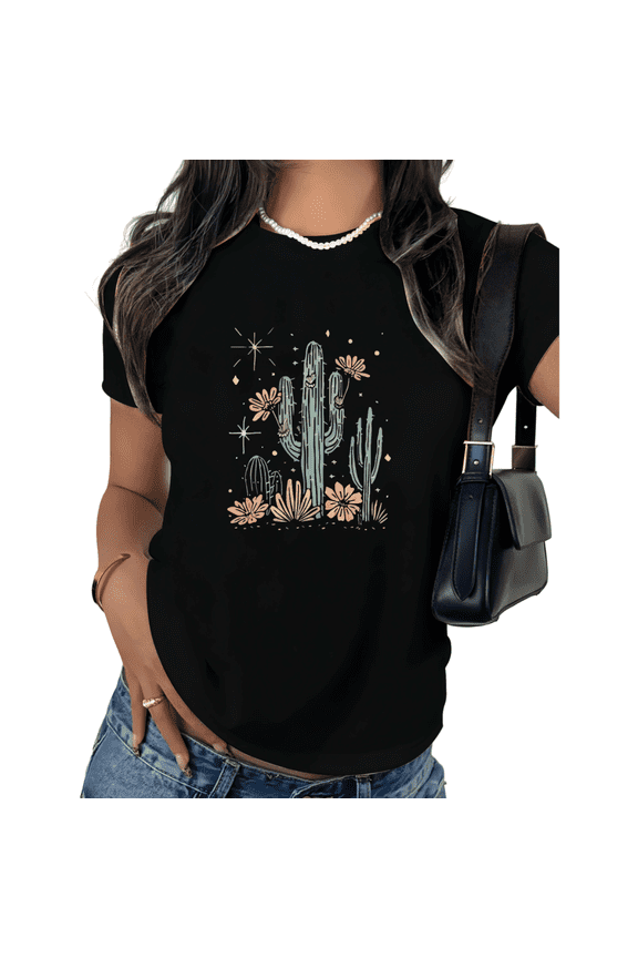 Southwestern Cactus Print Tshirt Graphic Tees Shirts Black Boho Botanical Casual Vacation Style S-5XL Womens Tops