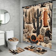 Southwestern Cactus Shower Curtain Set with Rugs and Hooks, 4 Piece Terracotta Rust Boho Desert Plant Print Fabric Bathroom Curtains 72x72, Non-Slip Bath Mats