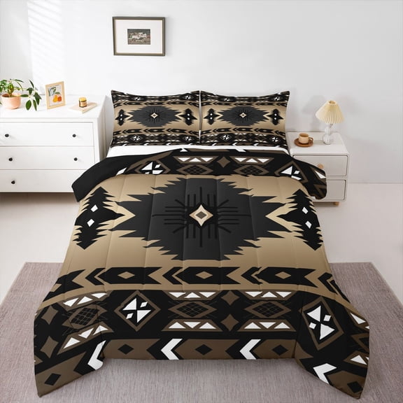 Southwestern Comforter Set Full Bohemian Geometric Quilt,Ethnic Tribal Arrow Bedding Set Western Duvet Insert Country Decor,Geometry Diamond Triangle Exotic Aztec Boho Decor,Black Brown