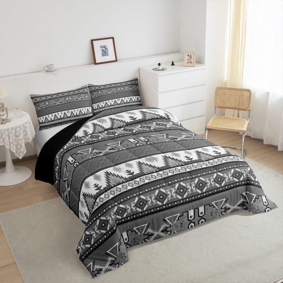 Southwestern Comforter Set Western Rustic Bedding Set for Women Men Quilt Country Hobo Bohemian Down Comforter Queen Geometric Gray Striped