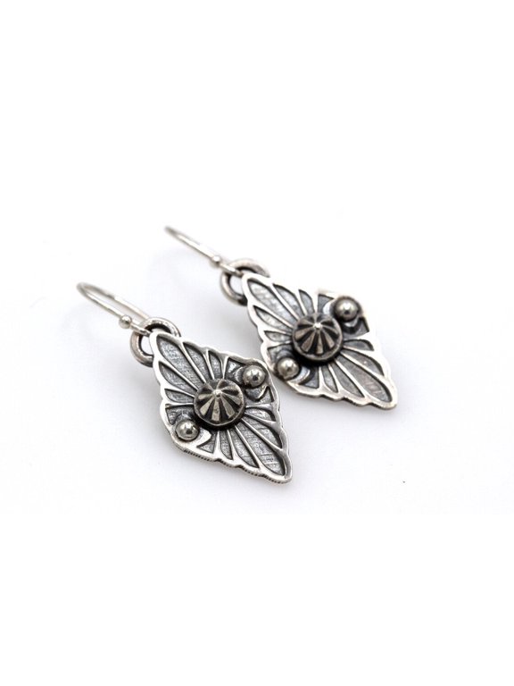 Southwestern Concho Earrings, Hand-Stamped Dangle Drops with Textured Bead and Bail