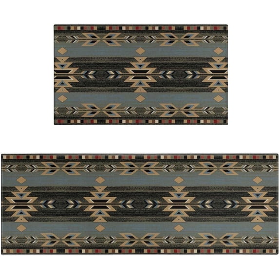 Southwestern Country Tribe Kitchen Rugs and Mats Set of 2,Rio Grande Ebony Kitchen Decor Rubber Backing Non-Slip Absorbent Kitchen Mats for Sink,Waterproof Runner Rug for Laundry Room