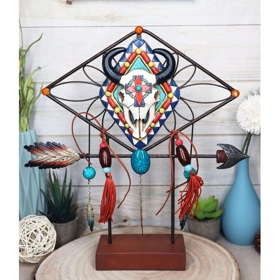 Southwestern Cow Skull Arrow Dreamcatcher Feathers Desktop Plaque Figurine