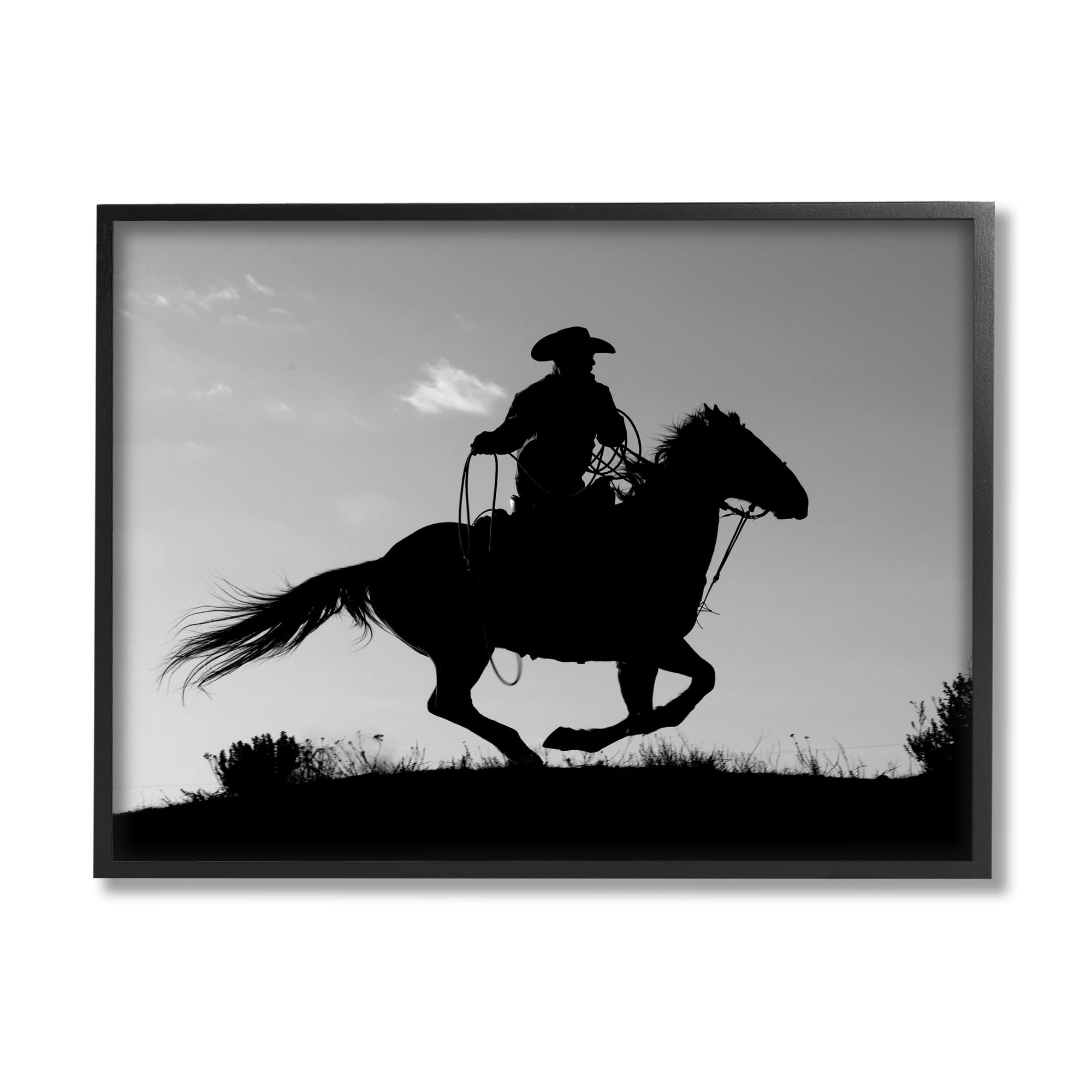 Stupell Southwestern Cowboy Silhouette Black White Horse Framed Wall Art - 16 x 20, image size:2000x2000