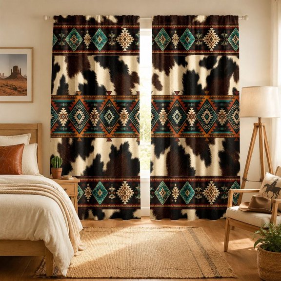 Southwestern Cowhide Aztec Curtain Panels, Western Cow Print with Tribal Geometric Diamond Pattern Window Drapes, Rustic Farmhouse Country Curtains for Living Room Bedroom Decor