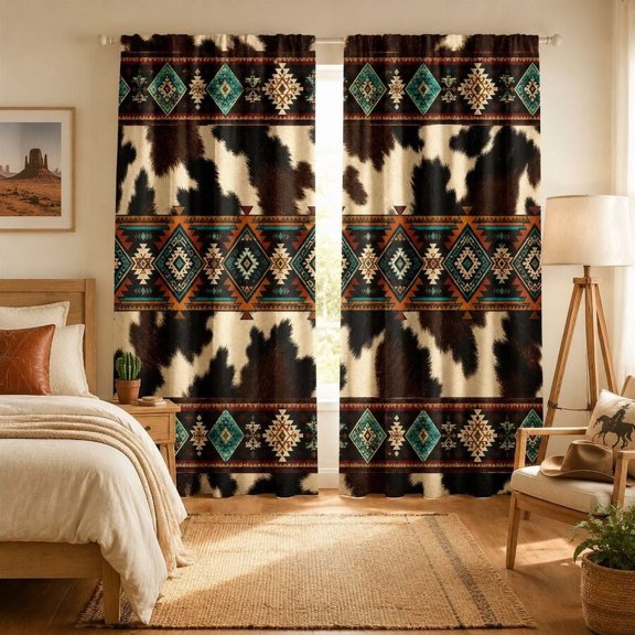Southwestern Cowhide Aztec Curtain Panels, Western Cow Print with Tribal Geometric Diamond Pattern Window Drapes, Rustic Farmhouse Country Curtains for Living Room Bedroom Decor