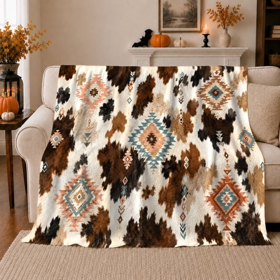 Southwestern Cowhide Aztec Tribal Medallions Brown Tan Living, Dramatic Artistic Scene, Warm Flannel Blanket for Living Room and Bedroom, Art Lovers Housewarming Gift, Artistic Home Decor