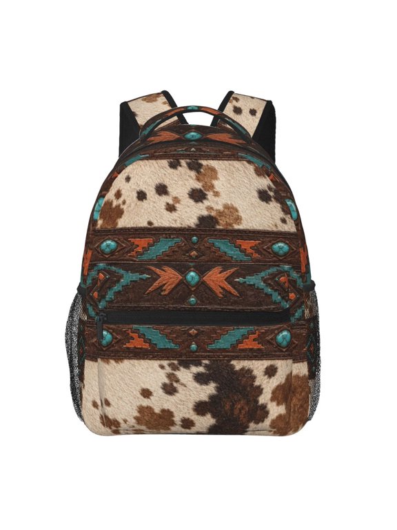 Southwestern Cowhide Turquoise Print Backpack Casual College Bag Zipper Laptop Daypack Hiking Rucksack Travel