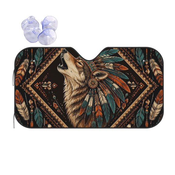 Southwestern Coyote Style Art Reflective Car Windshield Sunshade, UV Ray Reflector Sun Visor Universal Fit for SUVs, Trucks, Sedans,M