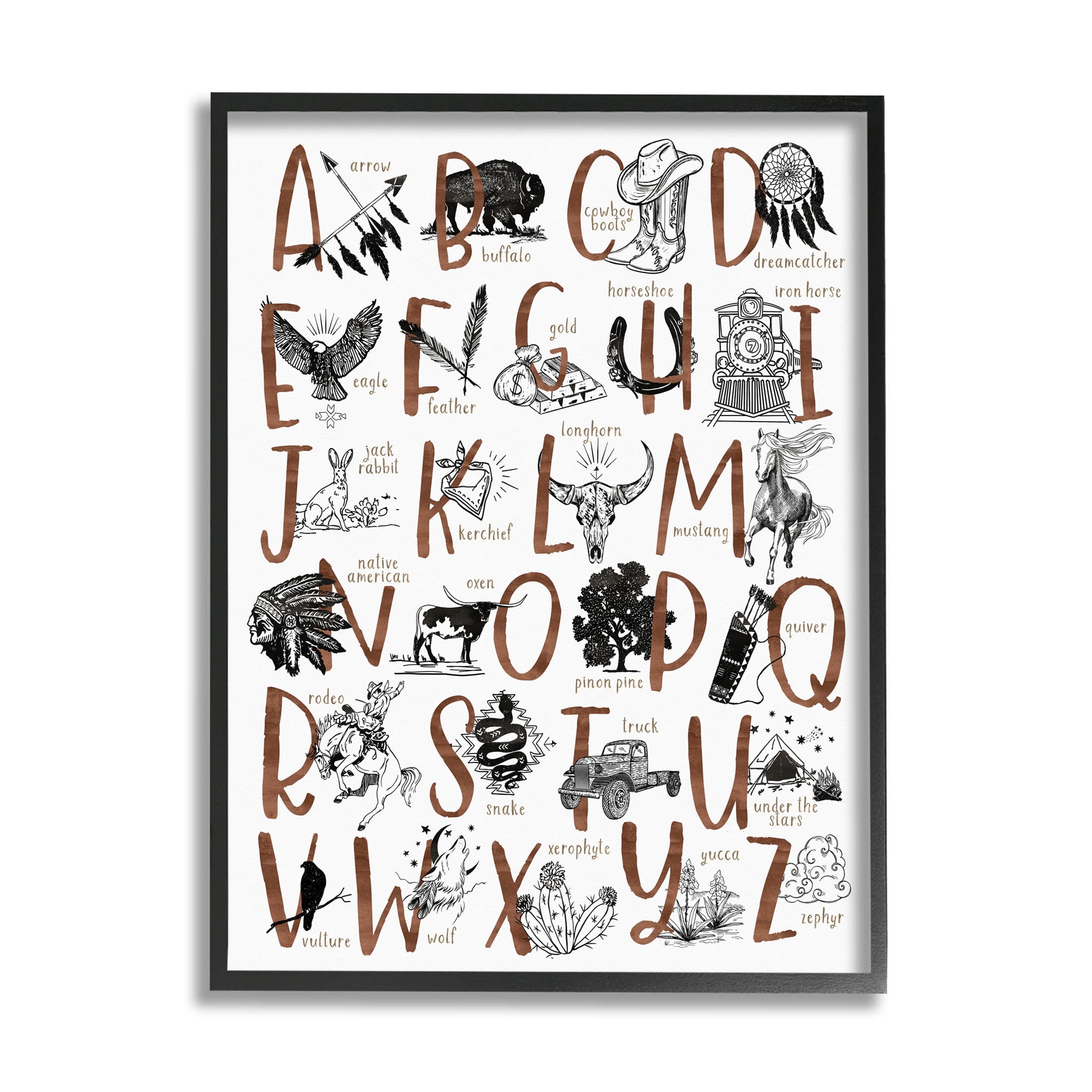 Southwestern Desert Aesthetic Alphabet Animals & Insects Graphic Art Black Framed Art Print Wall Art