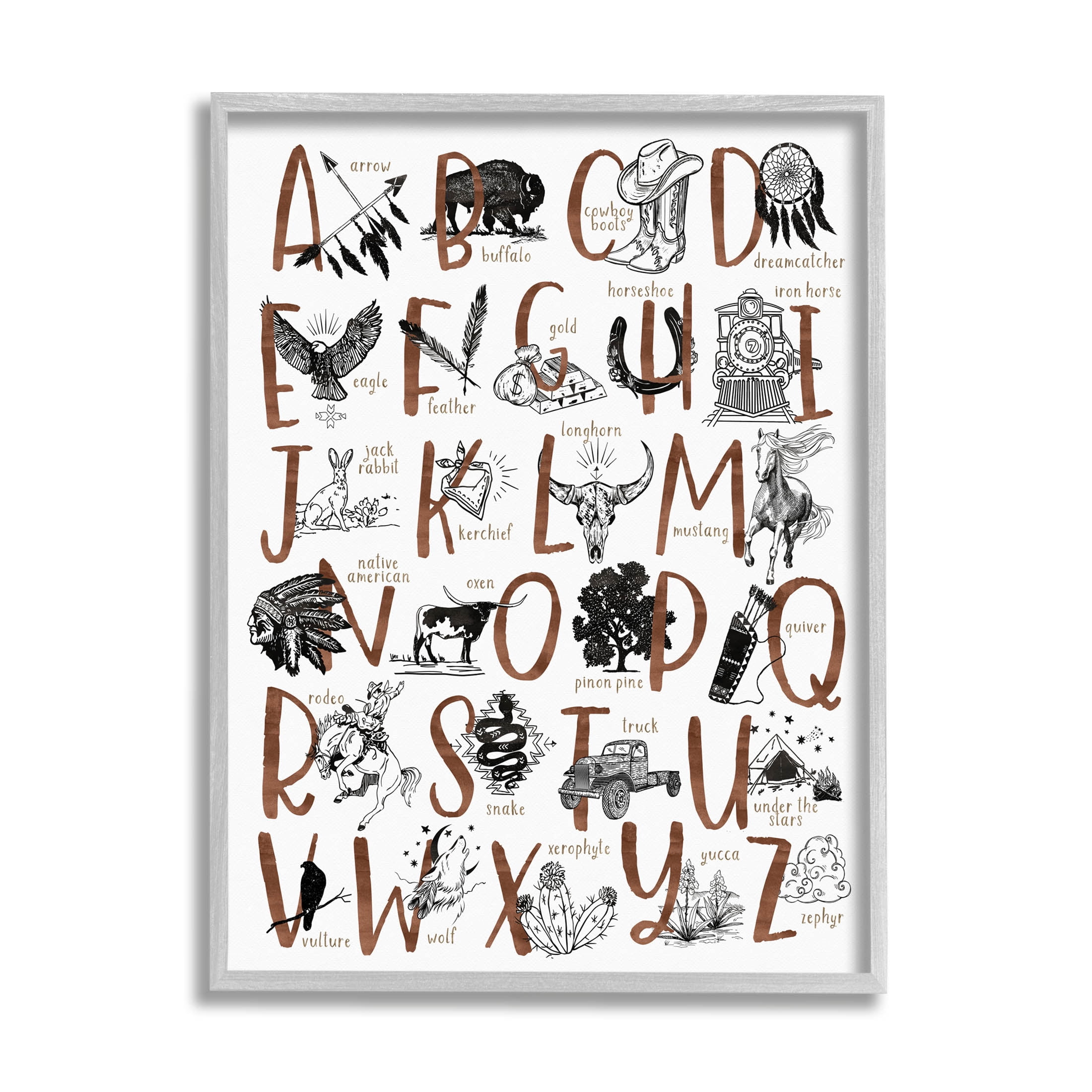 Southwestern Desert Aesthetic Alphabet Animals & Insects Graphic Art Gray Framed Art Print Wall Art