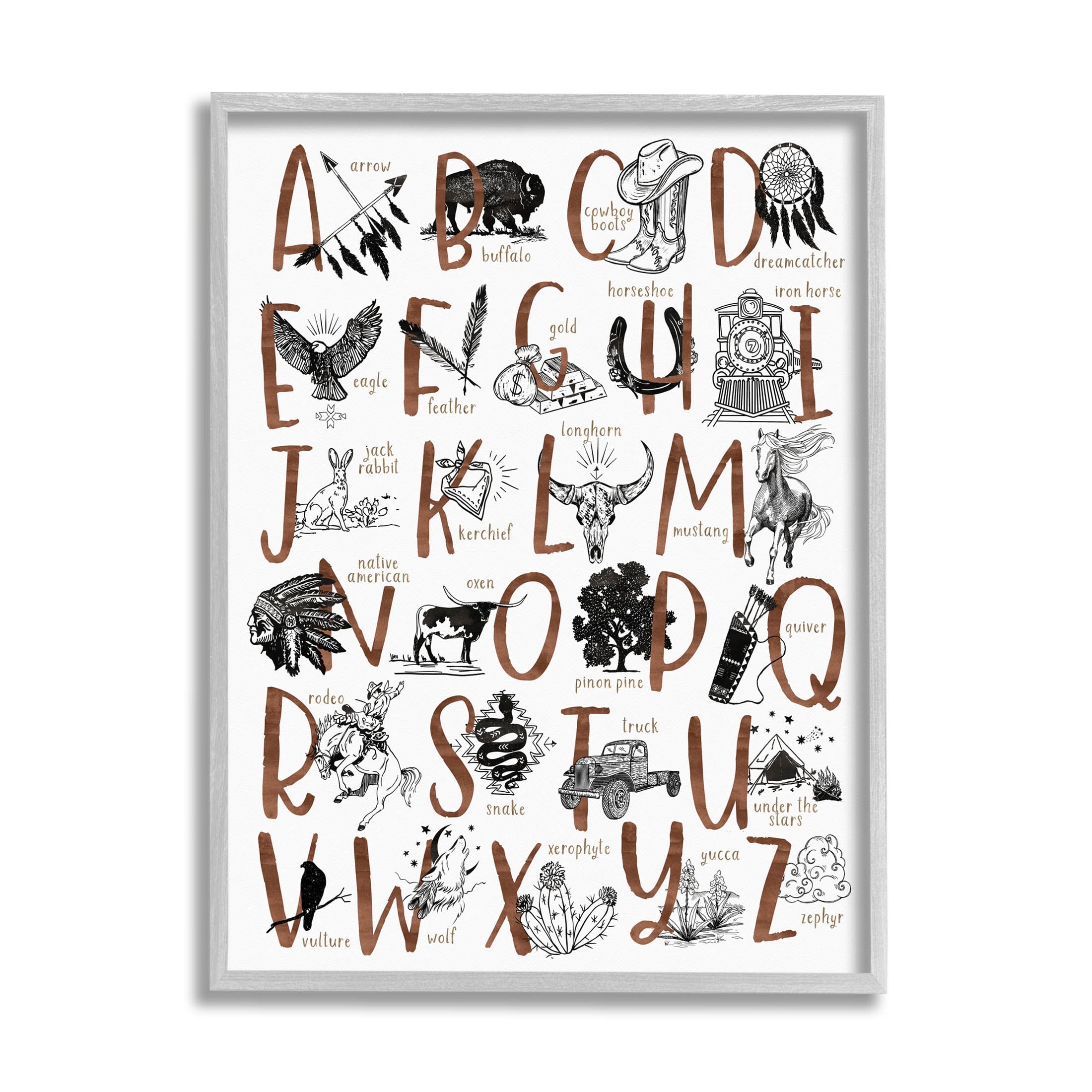 Southwestern Desert Aesthetic Alphabet Animals & Insects Graphic Art Gray Framed Art Print Wall Art