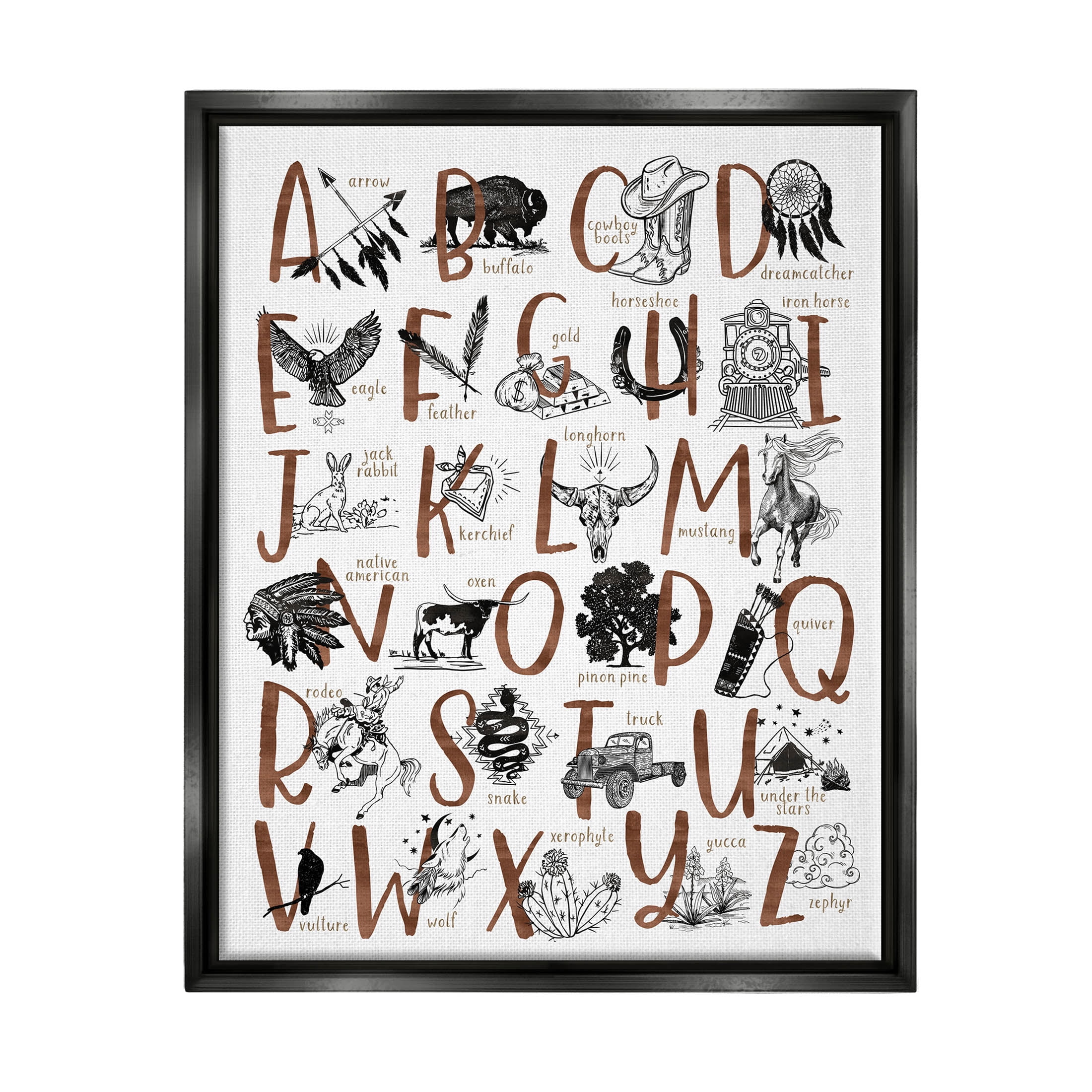 Southwestern Desert Aesthetic Alphabet Animals & Insects Graphic Art Jet Black Framed Art Print Wall Art