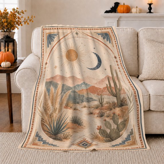 Southwestern Desert Arch Cactus Art, Peaceful Mountain Lake Scene, Warm Flannel Blanket for Cabin and Lodge with Detailed Artwork, Outdoor Lovers Camping Gift, Artistic Home Decor