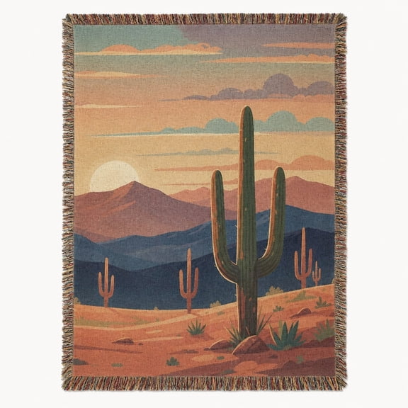Southwestern Desert Cactus Woven Throw Blanket – 100% Cotton, Fringed Edges, Boho Home Decor