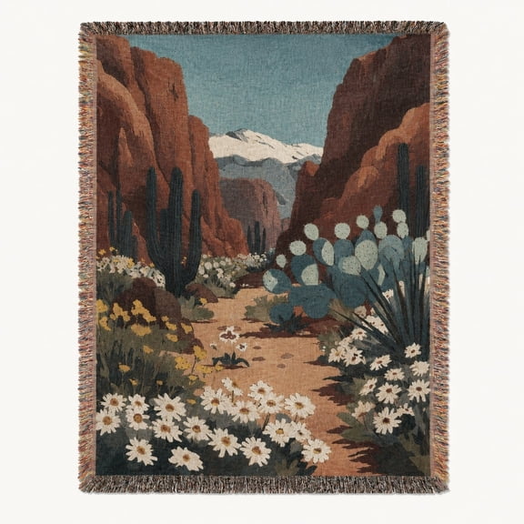 Southwestern Desert Canyon Woven Cotton Throw Blanket with Fringe, 3 Sizes