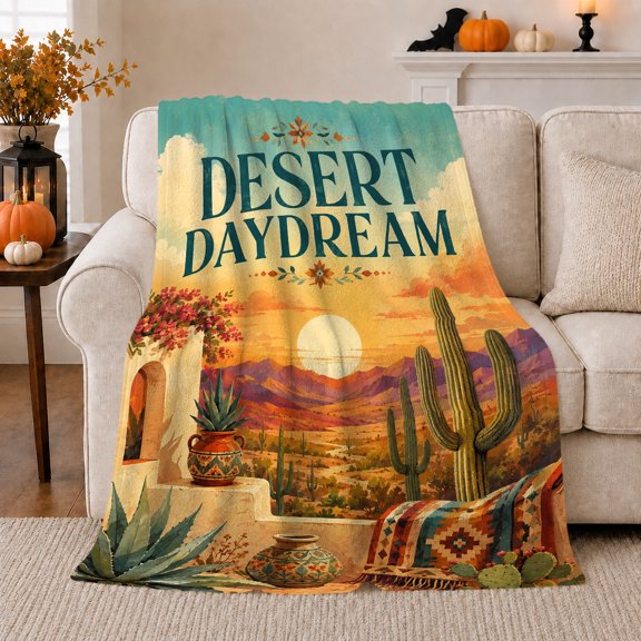Southwestern Desert Daydream Sunset Adobe Scene, Peaceful Mountain Lake Scene, Warm Flannel Blanket for Cabin and Lodge, Outdoor Lovers Camping Gift, Rustic Home Decor