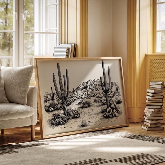 Southwestern Desert Landscape Print - Black And White Cactus Wall Art ...