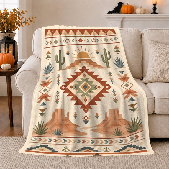 Southwestern Desert Landscape Sun decorative motif Rustic, Peaceful Mountain Lake Scene, Warm Flannel Blanket for Cabin and Lodge, Outdoor Lovers Camping Gift, Artistic Home Decor