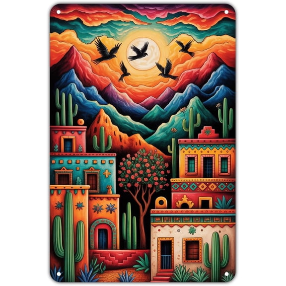 Southwestern Desert Landscape Vintage Metal Tin Sign, Birds Over Mountains Wall Art for Garden, Yard, Bar, Porch, Home or Kitchen Decor, 8 x 12 Inch