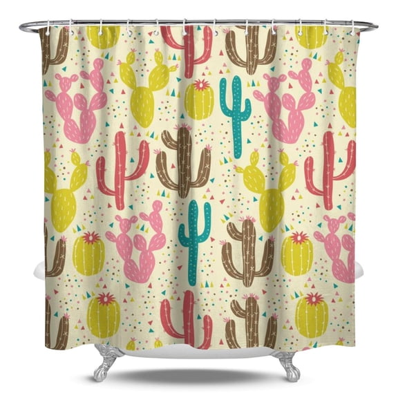 Southwestern Desert Style Shower Curtain, Waterproof Polyester, Machine Washable, Hooks Included, Cute Kawaii Cactus and Retro Succulent Art