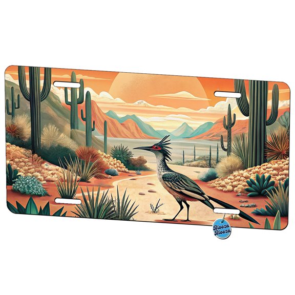 Southwestern Desert Sunrise Roadrunner Design Metal Novelty License Plate