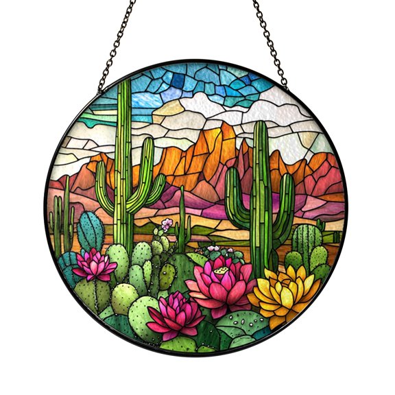 Southwestern Desert Sunset Cactus Suncatcher Window Decor, Nature Inspired Art Panel