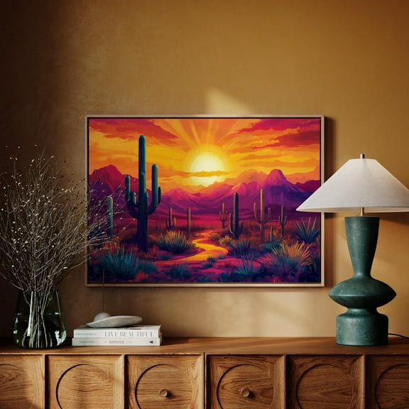 Southwestern Desert Sunset Colorful Cactus Landscape Art Print Vibrant Southwest Bold Sunset Desert Scene Decor Wall Art, Modern Wall Decor, 24x36 UNFRAMED