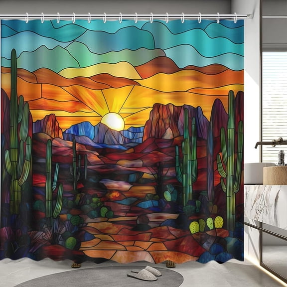 Southwestern Desert Sunset Shower Curtain,Colorful Stained Glass Effect Bathroom Decor,Red Blue Green Orange Yellow Boho Landscape Cactus Natural Scene Shower Curtain with Hooks, 72 x 72in