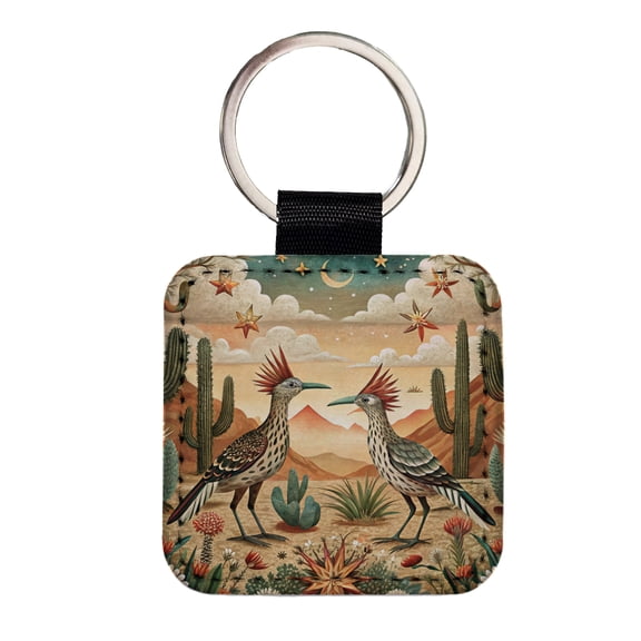 Southwestern Desert Tribal Roadrunners Design Faux Leather Square Keychain