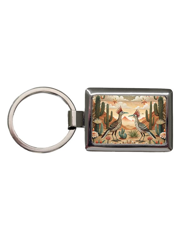 Southwestern Desert Tribal Roadrunners Design Metal Rectangle Keychain