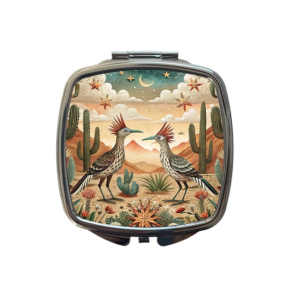 Southwestern Desert Tribal Roadrunners Design Travel Makeup Handbag Purse Small Pocket Compact Mirror