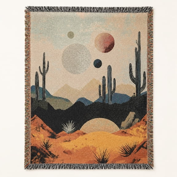Southwestern Desert Woven Throw Blanket – Boho Cactus & Celestial Planet Design, 100% Cotton, Fringed Edges