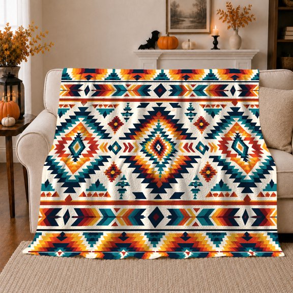 Southwestern Diamond Geometric Pattern, Dramatic Artistic Scene, Warm Flannel Blanket for Home Library and Reading Nook, Art Lovers Thanksgiving Gift, Artistic Home Decor