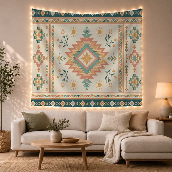 Southwestern Diamond Motif on Cream Background, Cozy Boho for Boho Decor Lovers, Geometric Wall Art, Housewarming Gift, Tapestry Wall Hanging for Bedroom and Living Room