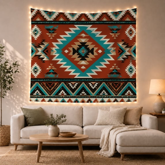 Southwestern Diamond Pattern On Terracotta Field, Calming Boho Style for Boho Decor Lovers, Geometric Wall Art, Housewarming Gift Tapestry Wall Hanging for Bedroom and Living Room