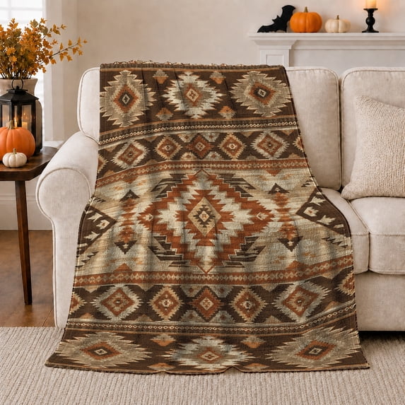 Southwestern Diamond Sofa, Peaceful Artistic Scene, Warm Flannel Blanket for Home Library and Reading Nook with Detailed Artwork, Art Lovers Thanksgiving Gift, Artistic Home Decor