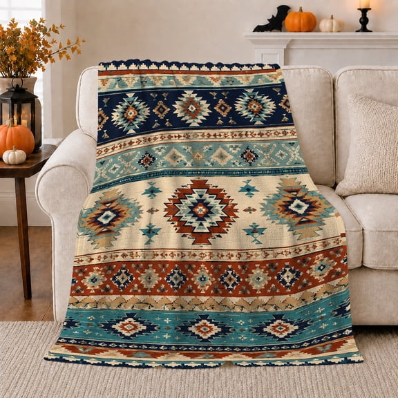 Southwestern Diamond Stripes in Teal and Tan, Rustic Geometric Pattern for Southwestern Style Fans, Housewarming Gift, Cozy Flannel Blanket for Ranch House and Living Room, Rustic Home Decor