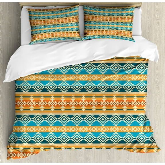 Southwestern Duvet Cover Set Queen Size, Striped Backdrop with Geometric Tribal Motifs Native Mexican Cultural Heritage, Decorative 3 Piece Bedding Set with 2 Pillow Shams, Multicolor, by Ambesonne