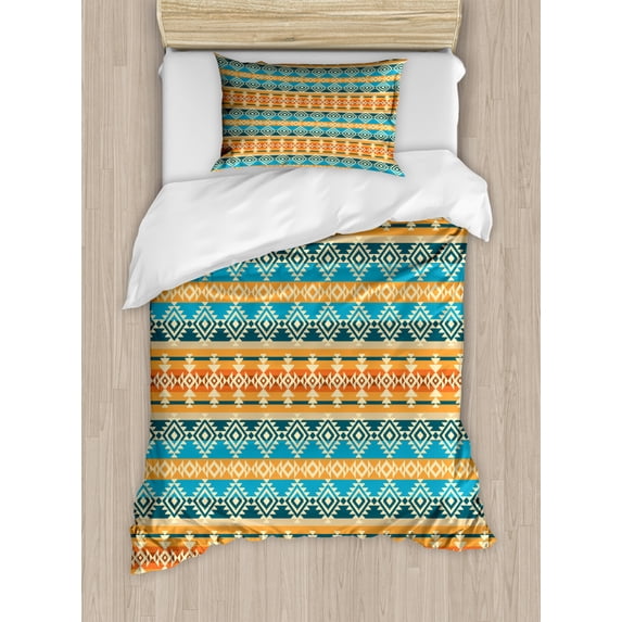 Southwestern Duvet Cover Set Twin Size, Striped Backdrop with Geometric Tribal Motifs Native Mexican Cultural Heritage, Decorative 2 Piece Bedding Set with 1 Pillow Sham, Multicolor, by Ambesonne