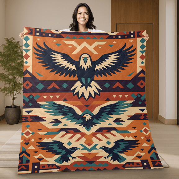 Southwestern Eagle Quilt Blanket - American Style Tribal Quilt For Bed or Sofa - Aztec Inspired Blanket for Rustic or Boho Home Decor - Bold Bird Pattern Blanket Gift
