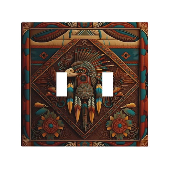 Southwestern Ethnic Art Native 2 Gang Switch Wall Plate Decorative Double Toggle Cover with 4 Painted Screws for Home & Commercial Use