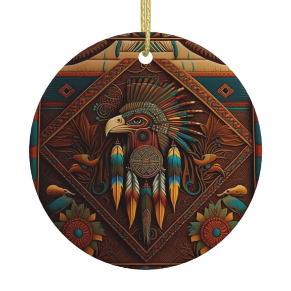 Southwestern Ethnic Art Native Ceramic Christmas Ornament, Round Porcelain Xmas Tree Hanging Decoration