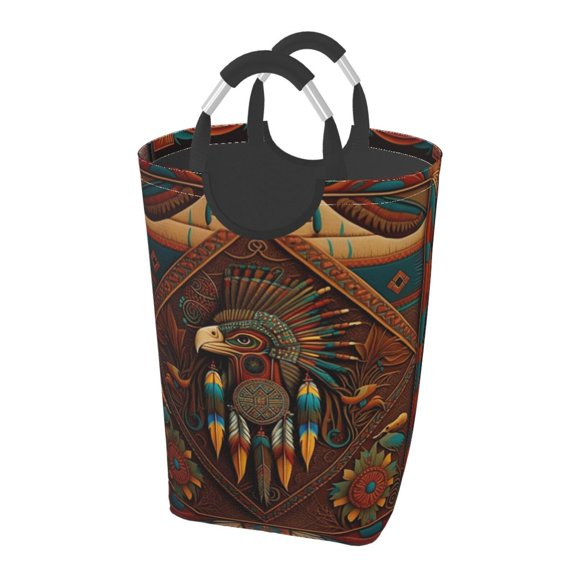 Southwestern Ethnic Art Native Laundry Bag with Handle - Foldable Dirty Clothes Hamper Collapsible Storage Bin