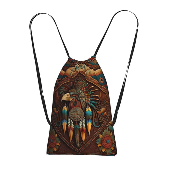 Southwestern Ethnic Art Native Packable Drawstring Backpack, Lightweight Foldable Cinch Storage Bag for Gym Travel Shopping