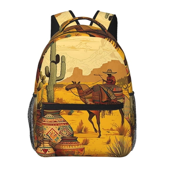 Southwestern Ethnic Native Cactus Horse Backpack Casual College Bag Zipper Laptop Daypack Hiking Rucksack Travel