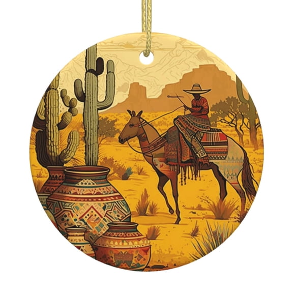 Southwestern Ethnic Native Cactus Horse Ceramic Christmas Ornament, Round Porcelain Xmas Tree Hanging Decoration